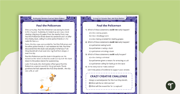 Comprehension Task Cards Distinguishing Between Real And Make Believe Teaching Resource Teach Starter